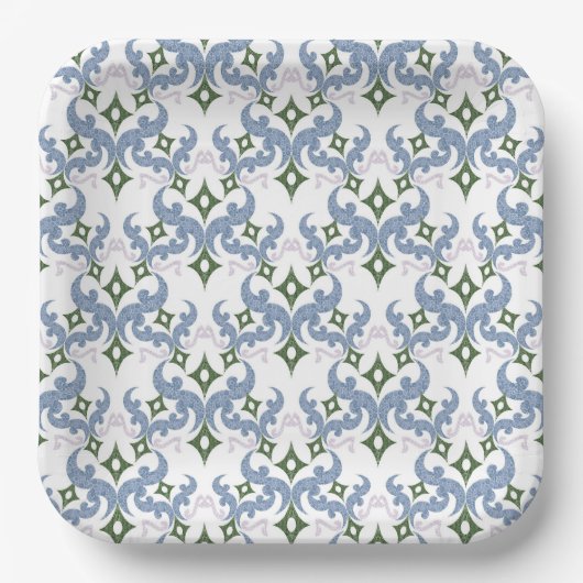 blauer und grüner Damast-Ornament-Pointillismus Pappteller (Vorderseite)
