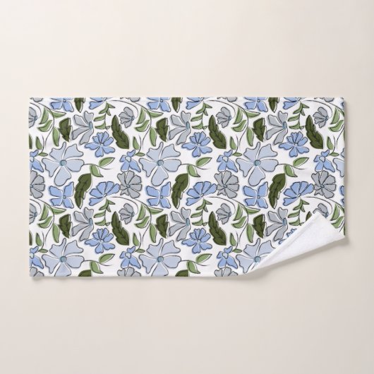 Blauer und grüner handgezeichneter Blumenblock-Dru Badhandtuch Set (Handtuch)