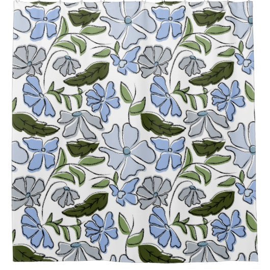 Blauer und grüner handgezeichneter Blumenblock-Dru Duschvorhang (Vorderseite)