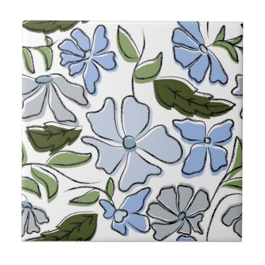 Blauer und grüner handgezeichneter Blumenblock-Dru Fliese (Vorderseite)