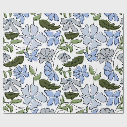 Blauer und grüner handgezeichneter Blumenblock-Dru Geschenkpapier (Flach)