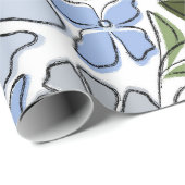 Blauer und grüner handgezeichneter Blumenblock-Dru Geschenkpapier (Rolleneckpunkt)