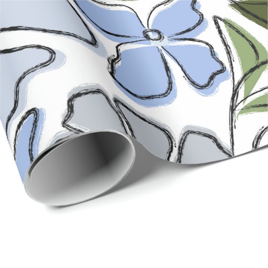 Blauer und grüner handgezeichneter Blumenblock-Dru Geschenkpapier (Rolleneckpunkt)