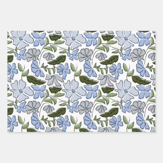 Blauer und grüner handgezeichneter Blumenblock-Dru Geschenkpapier Set (Vorderseite 3)