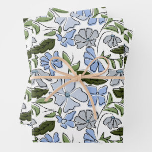 Blauer und grüner handgezeichneter Blumenblock-Dru Geschenkpapier Set