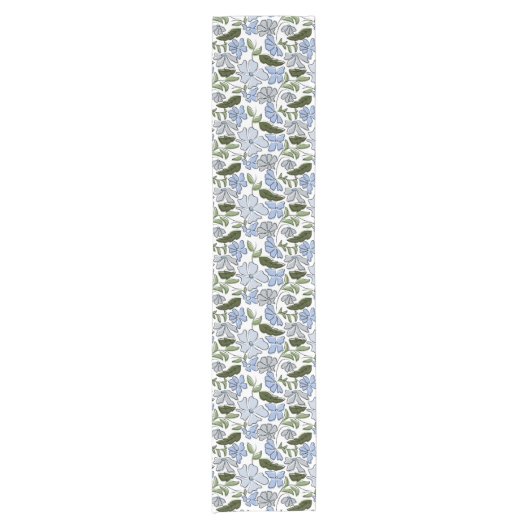 Blauer und grüner handgezeichneter Blumenblock-Dru Kurzer Tischläufer (Vorderseite)