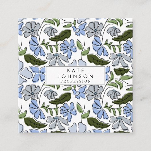 Blauer und grüner handgezeichneter Blumenblock-Dru Quadratische Visitenkarte (Vorderseite)