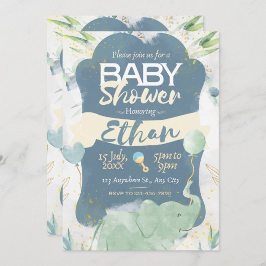 Blauer und grüner Niedlicher Baby-Duschvortrag Einladung (Vorne/Hinten)