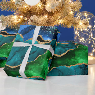 Blauer und grüner Pfau Faux Glitter Achat Geschenkpapier