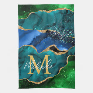 Blauer und grüner Pfau Faux Glitter Achat Geschirrtuch