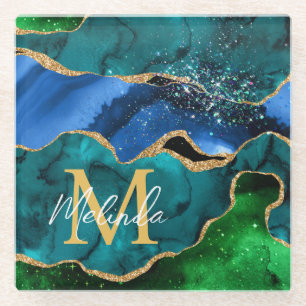 Blauer und grüner Pfau Faux Glitter Achat Glasuntersetzer