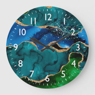 Blauer und grüner Pfau Faux Glitter Achat Große Wanduhr