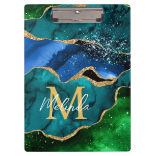Blauer und grüner Pfau Faux Glitter Achat Klemmbrett