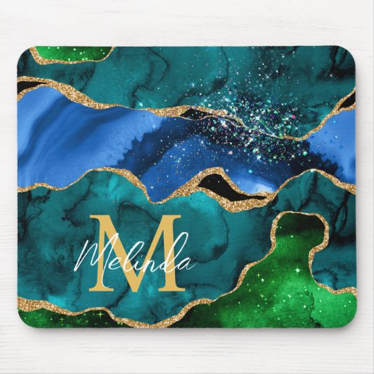Blauer und grüner Pfau-Faux-Glitter-Achat Mousepad (Vorne)