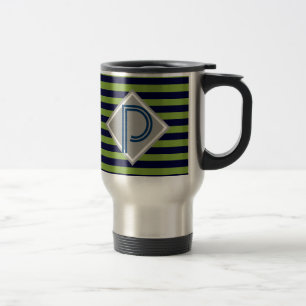 Blauer und grüner Streifen Monogramm Sein Reisebecher