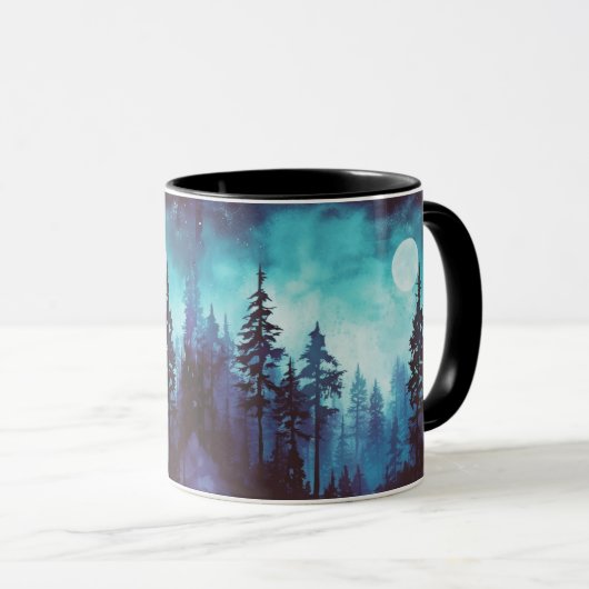 Blauer und grüner Wald Vollmond Fantasy Halloween Tasse (VorderseiteRechts)