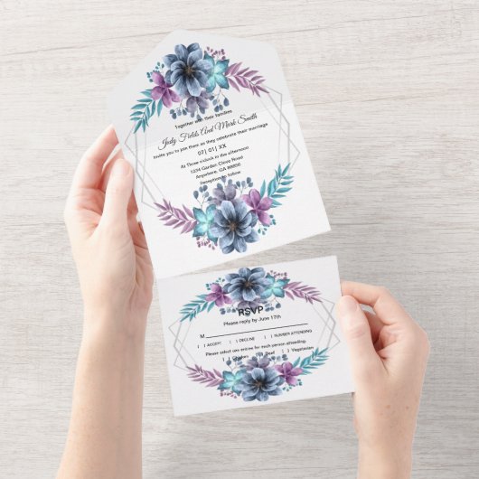 Blauer und Lila Blumenkohl All In One Einladung (Abreißen)