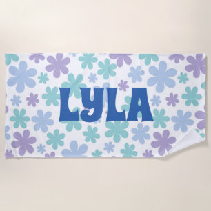 Blauer und Lila Groovy Floral Individuelle Name Strandtuch