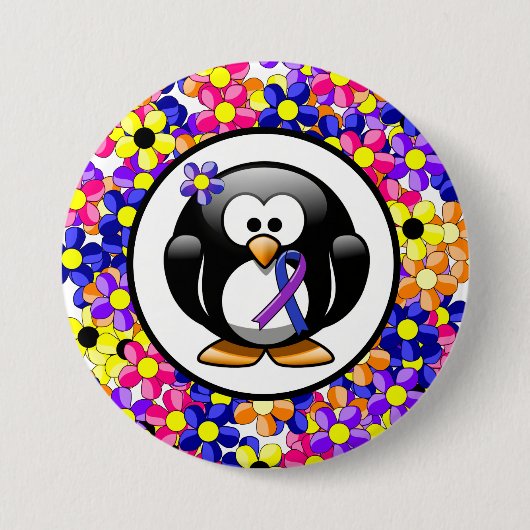Blauer und Lila Ribbon-Pinguin Button (Vorderseite)