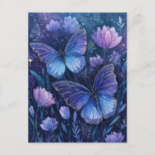 Blauer und lila Schmetterling im sternenklaren Blu Postkarte