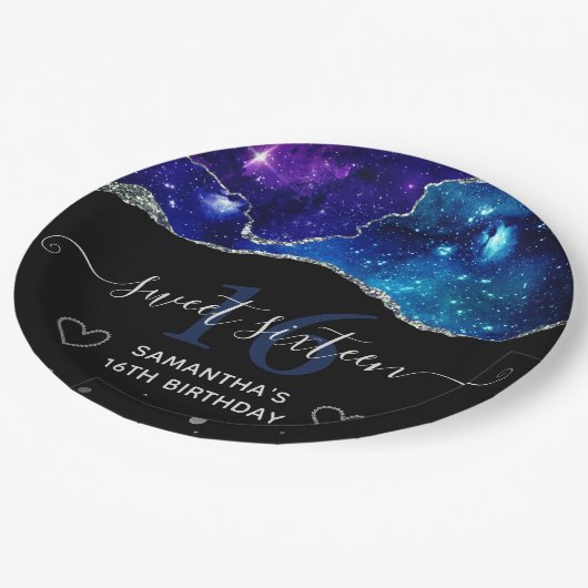 Blauer und Lila Silber Glitzer Galaxy Agate Sweet  Pappteller (Schrägansicht)