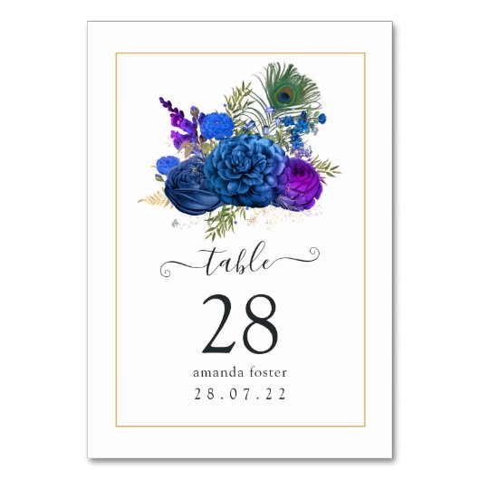 Blauer und Lila Vintager Pfauenflor Tischnummer (Vorderseite)