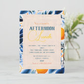 Blauer und orangefarbener Botanischer Zitrus Einla Einladung (Stehend Vorderseite)