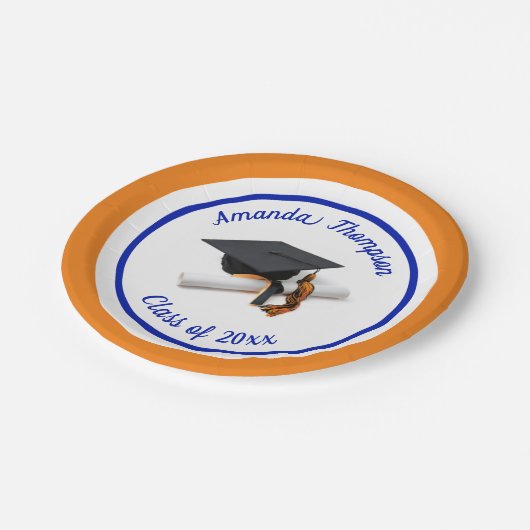 Blauer und orangefarbener Graduierungsdeckel und T Pappteller (Schrägansicht)