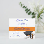 Blauer und orangefarbener Graduierungsdeckel und T Save The Date (Stehend Vorderseite)
