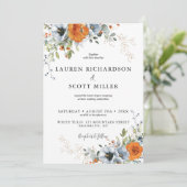 Blauer und orangefarbener Hochzeitsempfang Einladung (Stehend Vorderseite)