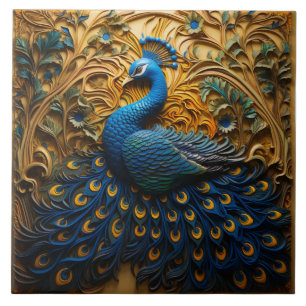 Blauer und orangefarbener Pfau, goldener Hintergru Fliese