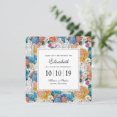 Blauer und Orangenmalte Blume - Bridesmaid Einladung (Stehend Vorderseite)