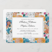 Blauer und Orangenmalte Blume - Hochzeit Einladung (Vorne/Hinten)