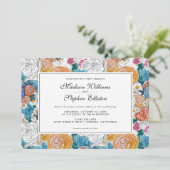 Blauer und Orangenmalte Blume - Hochzeit Einladung (Stehend Vorderseite)