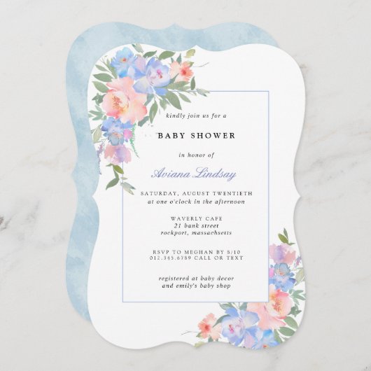 Blauer und rosa Blütendusche Einladung (Vorne/Hinten)