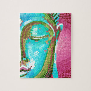 Blauer und rosa Buddha stellen Mosaik gegenüber Puzzle