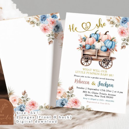 Blauer und rosa Floral Pumpkin Gender Reveal Einladung