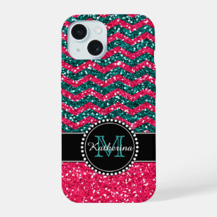 Blauer und rosa glitzernder Chevron personalisiert iPhone 15 Hülle
