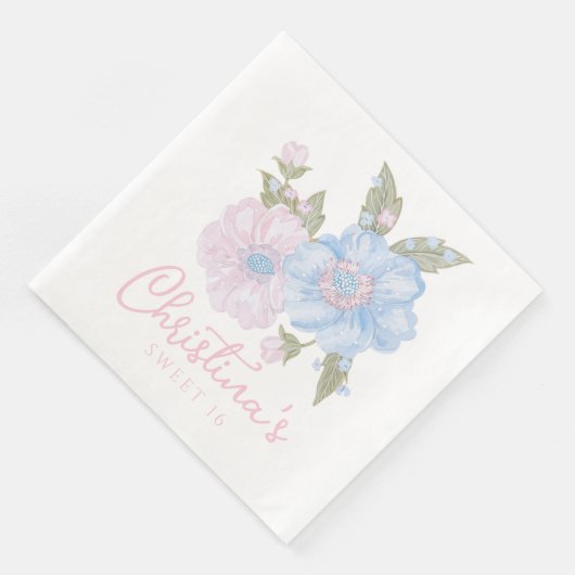 Blauer und rosa Grandmillennial Blumensüß 16 Serviette (Ecke)