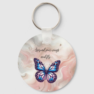 Blauer und Rosa Monarch-Schmetterling mit Spruch Schlüsselanhänger