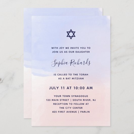 Blauer und rosa Pastellschläger Mitzvah des Einladung (Vorne/Hinten)