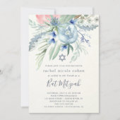 Blauer und rosa Pfingstrosen-Schläger Mitzvah Einladung (Vorderseite)