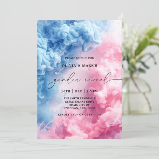 Blauer und rosa Rauch - Aufdeckung einer Einladung (Stehend Vorderseite)