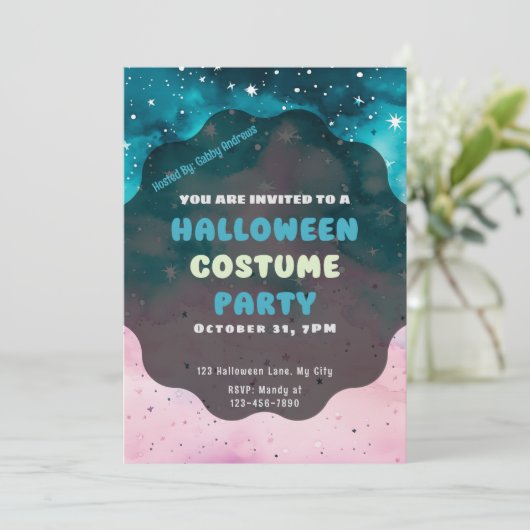 Blauer und rosa Sterne Modernes Halloween Einladung (Stehend Vorderseite)