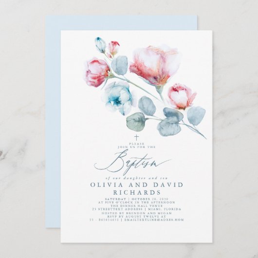 Blauer und rosa Taufe für Junge und Mädchen Einladung (Vorne/Hinten)