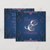 Blauer und rosa Textur Silber Scroll Einladung (Vorne/Hinten)
