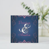Blauer und rosa Textur Silber Scroll Einladung (Stehend Vorderseite)