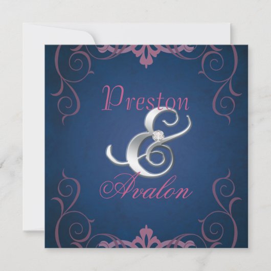 Blauer und rosa Textur Silber Scroll Einladung (Vorderseite)