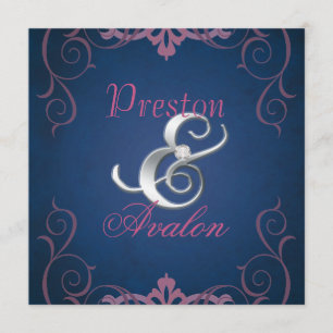 Blauer und rosa Textur Silber Scroll Einladung