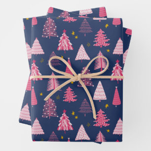 Blauer und rosa Weihnachtsbaum-Muster Geschenkpapier Set